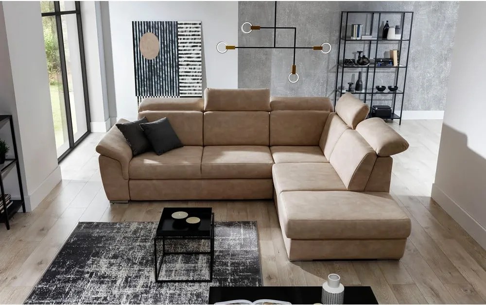 Бежов кадифен разтегателен ъглов диван с място за съхранение (десен ъгъл L форма) Loreto – ELTAP