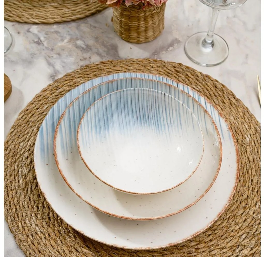 Комплект за хранене, 24 части — бял/син, порцелан