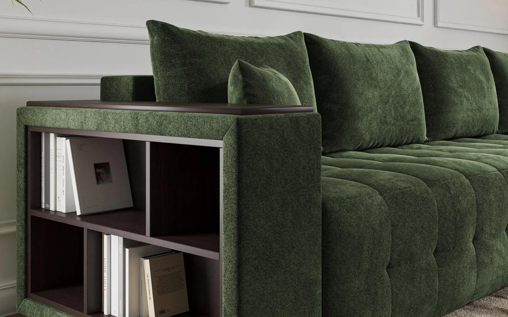 Разтегателен ъглов диван с подлакътник етажерка Мелвин Спринг