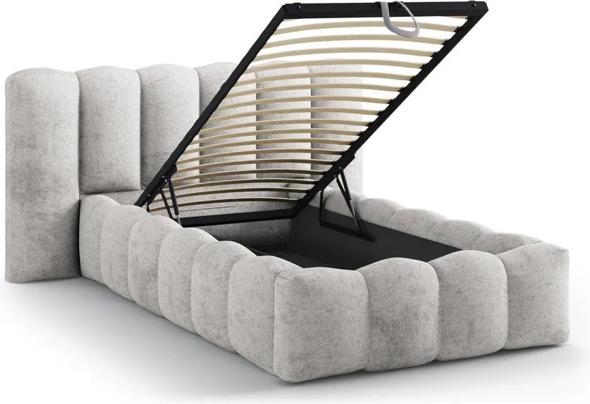 Сиво единично легло 90x200 cm тапицирано с място за съхранение с включена подматрачна рамка Lupine – Micadoni