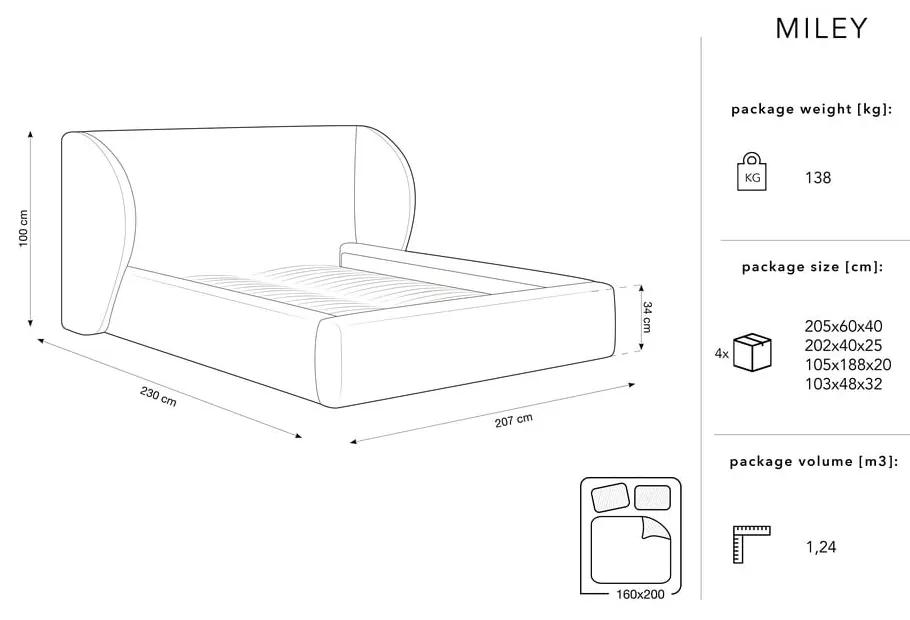 Светлосиво тапицирано двойно легло с място за съхранение с решетка 160x200 cm Miley - Micadoni Home