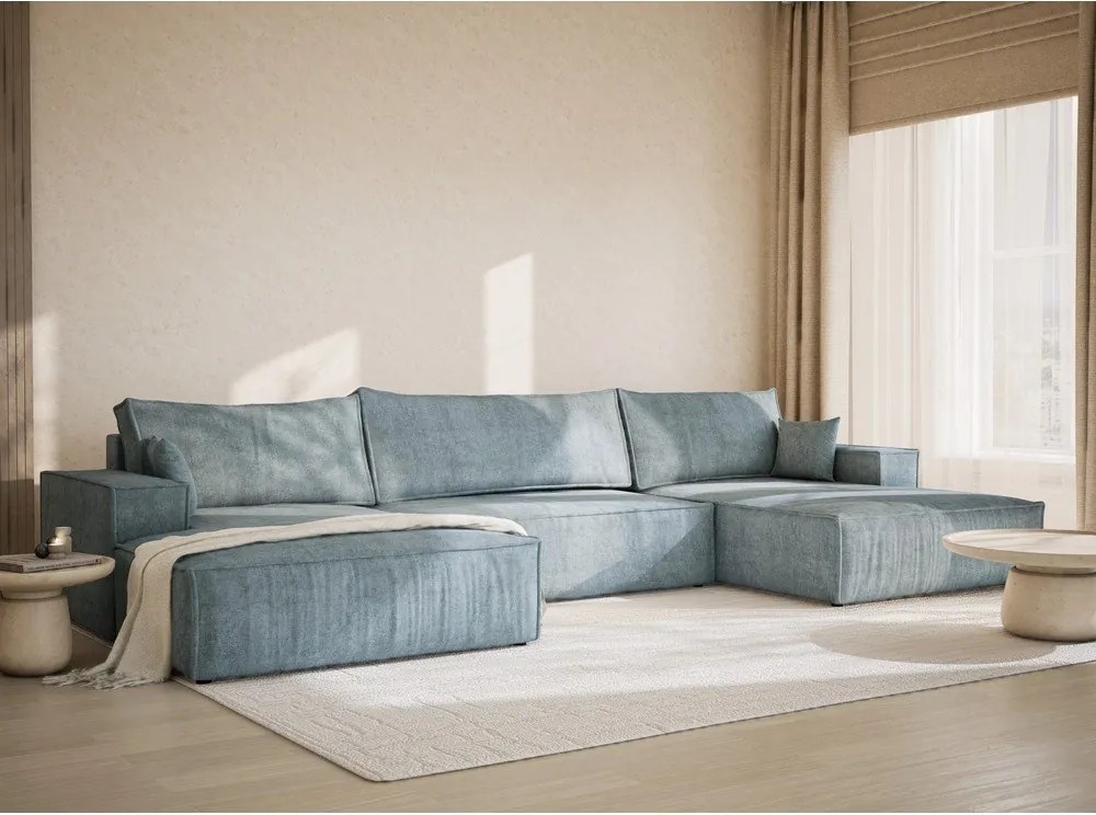 Светлосин шенилов сгъваем/с място за съхранение ъглов диван (U форма) Kyoto – Maison de Rêve