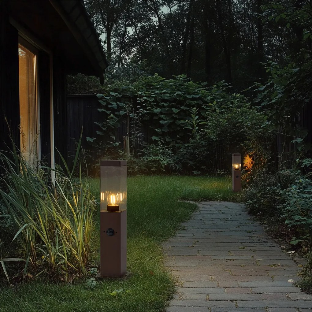 Външна лампа ръждивокафява с прозрачно стъкло 45 см IP44 с контакт и сензор за движение - Malios