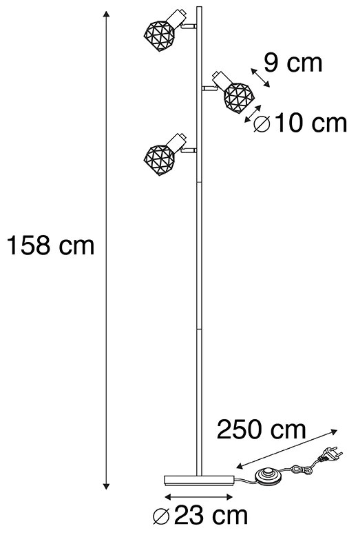 Подова лампа черна с медни 3 светлини - Мрежа