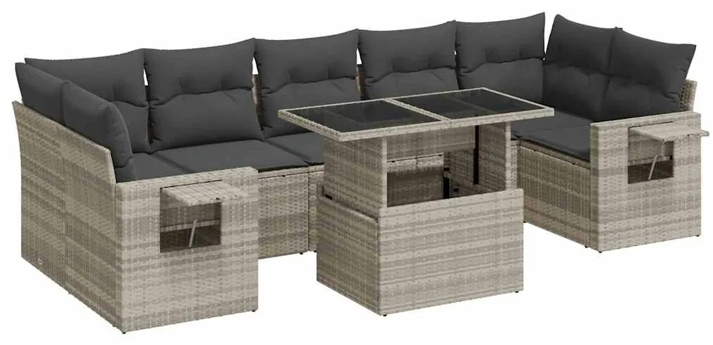 3326443 vidaXL Градински комплект с възглавници, 8 части, светлосив полиратан