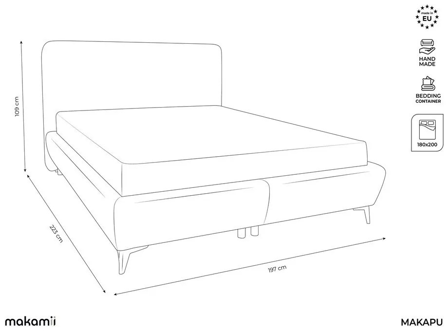 Светлосиво двойно тапицирано легло с място за съхранение и включена подматрачна рамка 180x200 cm Makapu – Makamii