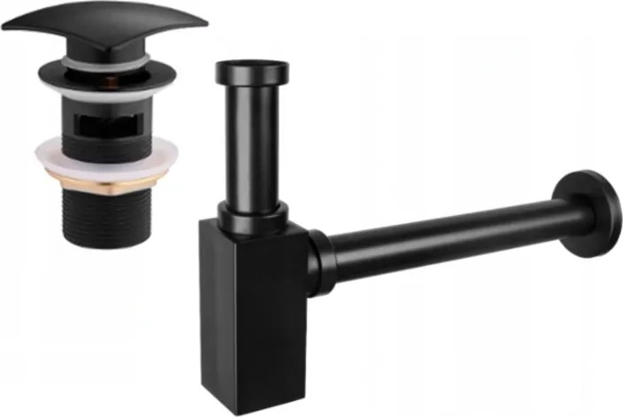 Mexen квадратен полу-сифон за мивка с клик-клак тап, с преливник, черен - 7992660-70