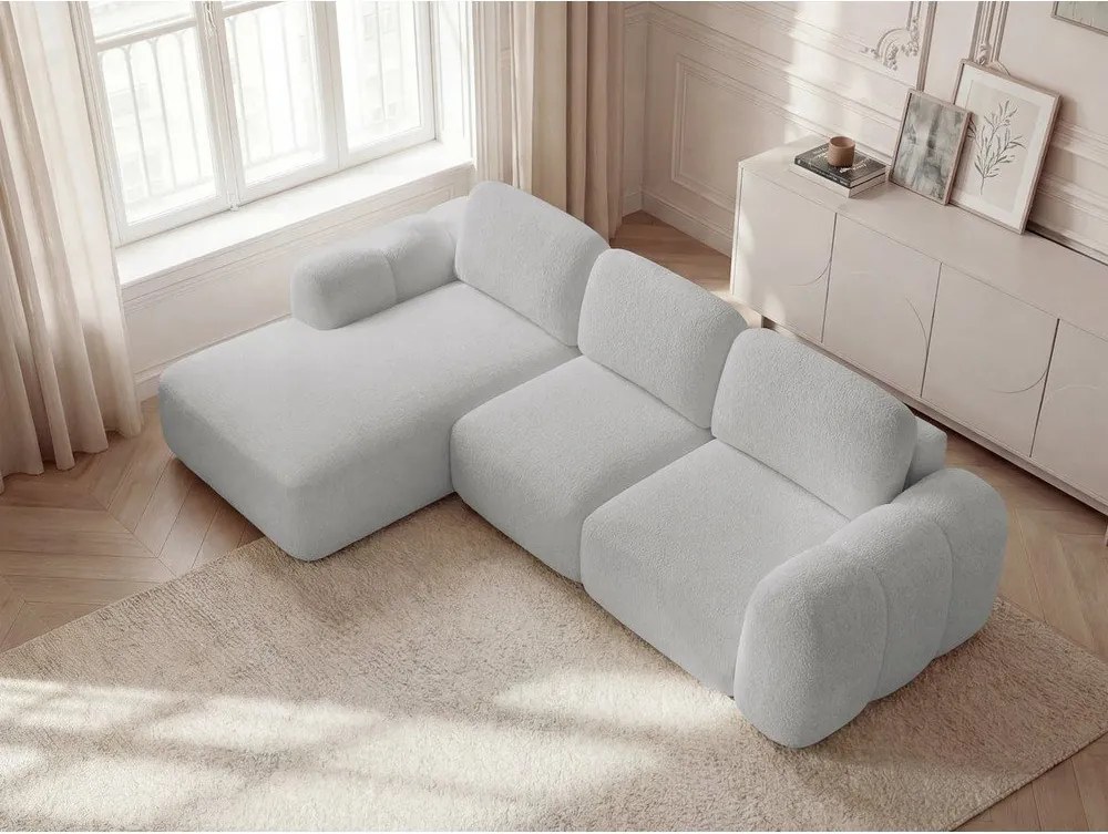 Светлосив сгъваем/с място за съхранение ъглов диван от прежда с примки от букле (ляв ъгъл) Montaigne – Bobochic Paris