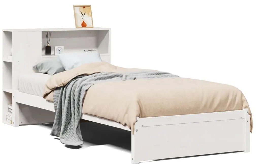 3322370 vidaXL Легло с рафтове за книги, без матрак, бял, 90x190 см, бор масив