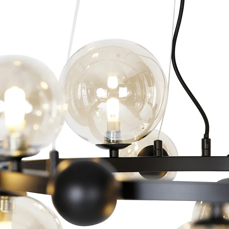 Арт Деко висяща лампа черна с кехлибарено стъкло 12-лампа - David