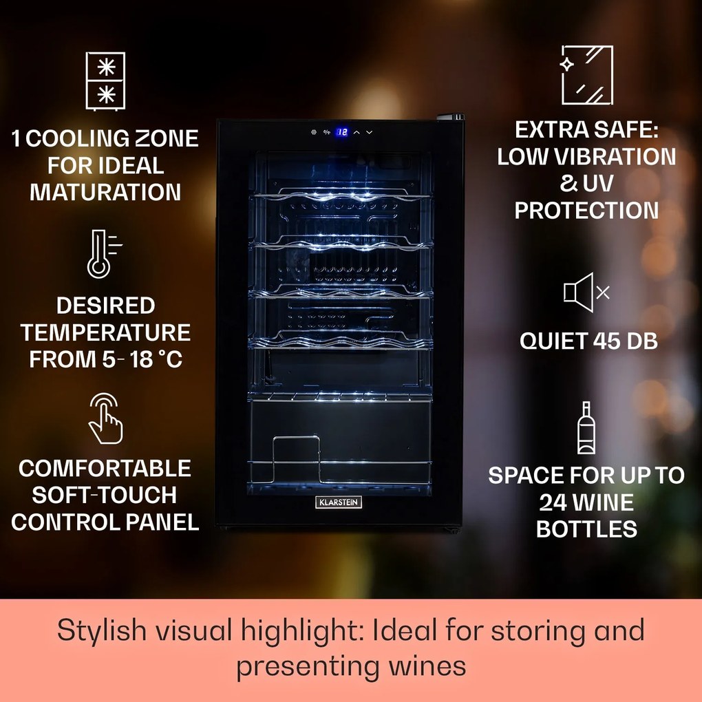 Klarstein Shiraz 24 Uno, охладител за вино, 67 л, 24 бутилки, сензорен, 5 - 18 °C, черен