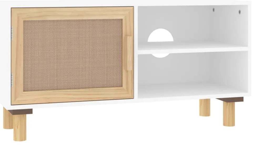 345612 vidaXL ТВ шкаф, бял, 80x30x40 см, бор масив и естествен ратан