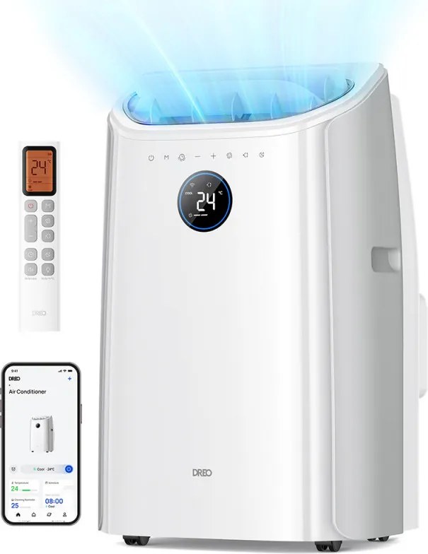 Мобилен климатик Dreo 515S, 1500W, 20-30 м2, 12000 BTU, Охлаждане, Вентилатор, Изсушаване, Гласови команди, LED, Бял