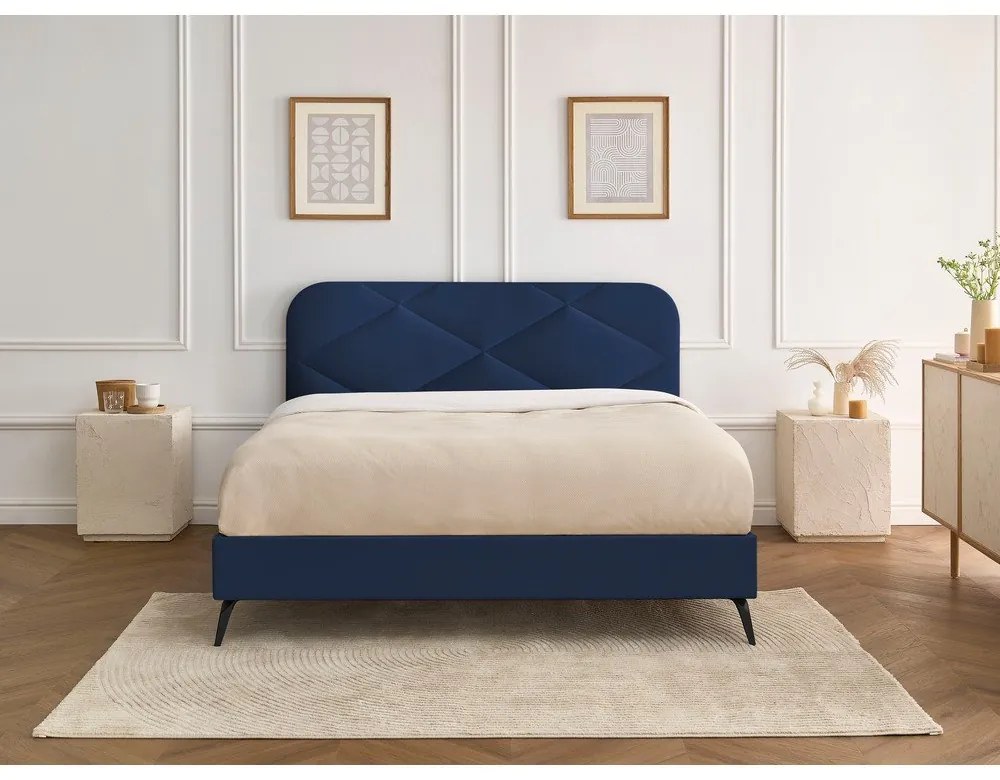 Тъмносиньо тапицирано двойно легло с включена подматрачна рамка 180x200 cm Prune – Bobochic Paris