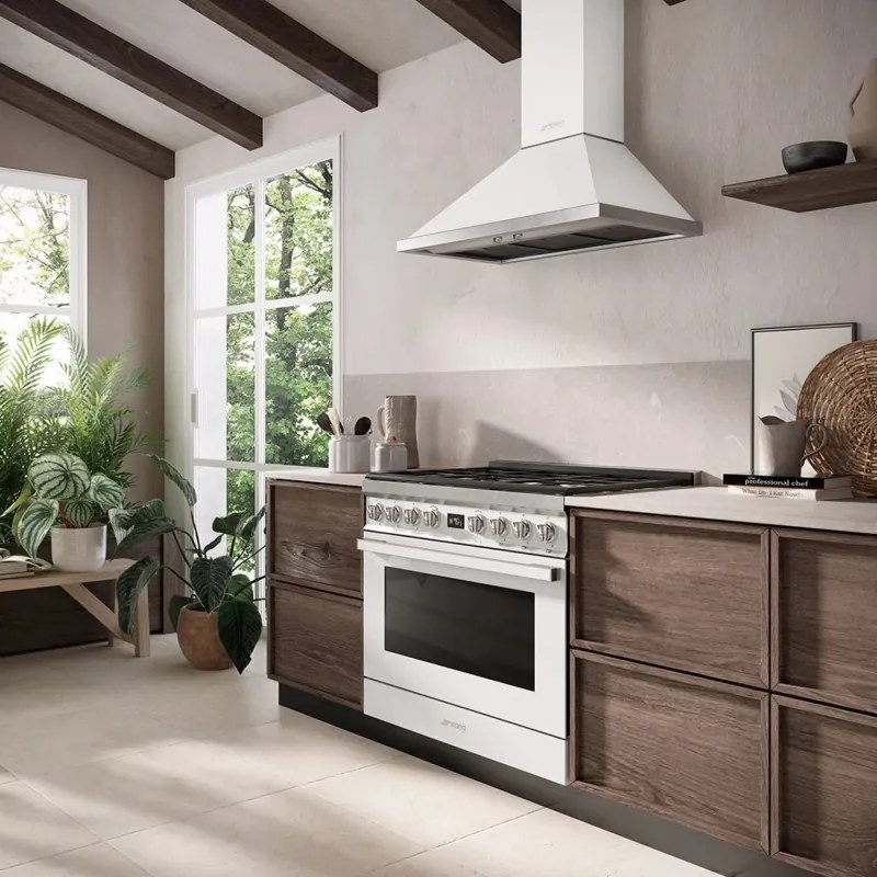 Абсорбатор SMEG Portofino KPF9WH, 275W, А+, 781 м3/ч, 3 скорости, 3 филтъра, Антивъзвръщателен клапан, Инокс, LED, Бял