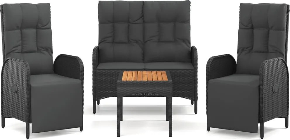 3185086 vidaXL Градински трапезен комплект възглавници 4 части черен полиратан