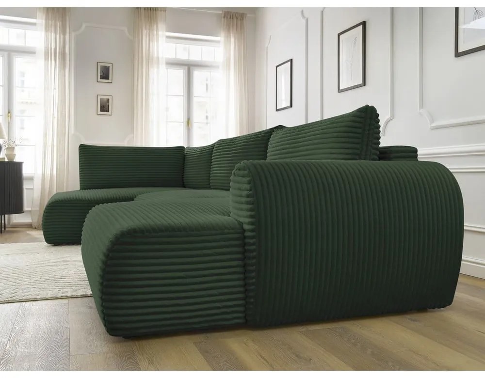 Тъмнозелен разтегателен ъглов диван от рипсено кадифе (десен ъгъл/"U" форма) Lucien – Bobochic Paris
