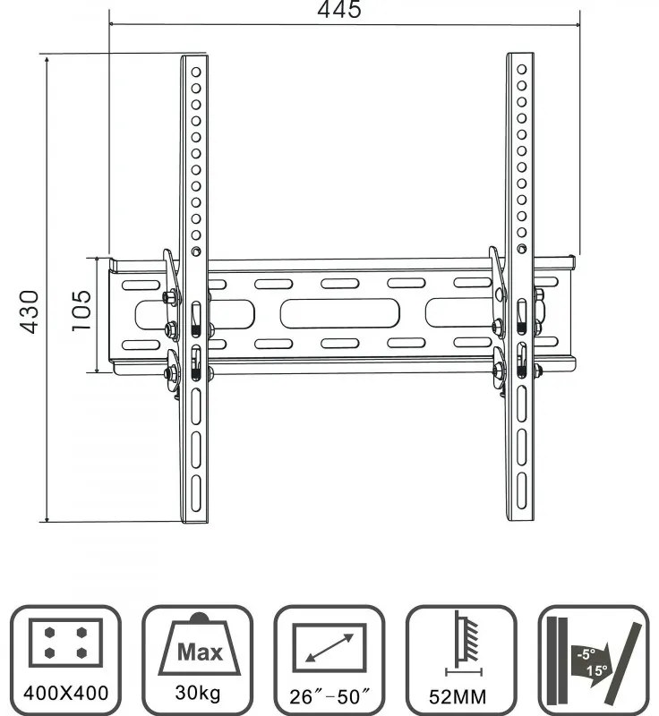 Стойка за телевизор X-TREMER 2650T, За стена, 26" до 50", Vesa 100x100/400х200, Макс 30 кг, Черен