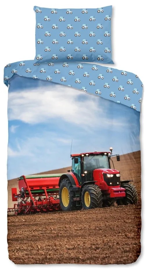 Синьо единично фланелено детско спално бельо 140x200 cm Tractor – Good Morning