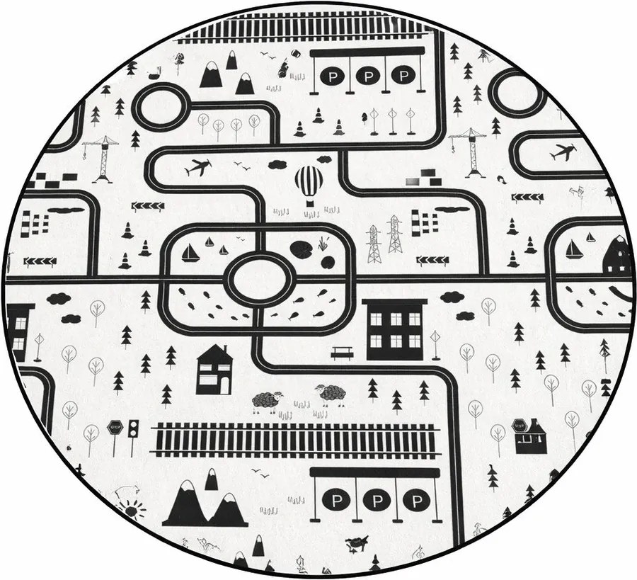 Черно-бял детско килимче за игра подходящо за пране ø100 cm In My Town – Mila Home