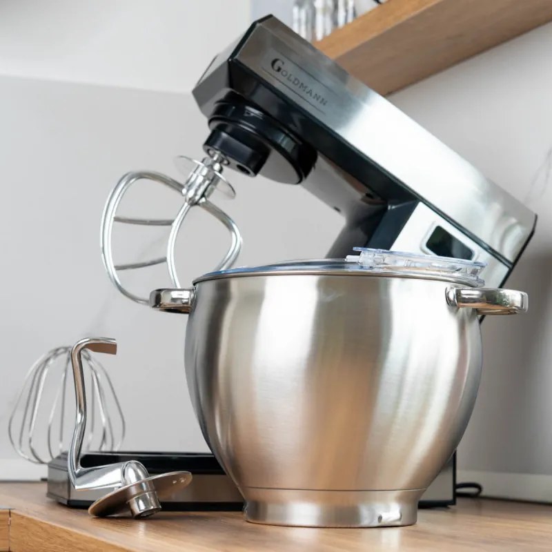 Планетарен миксер Goldmann GM-1115BD, 2200W, 8.5 л, 6 скорости + импулси, Таймер, Иноксова купа, LED, Инокс