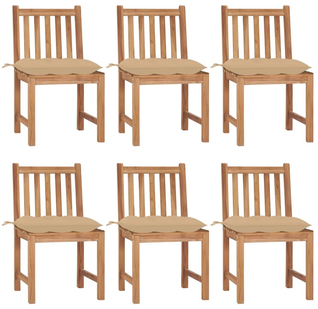 3073133 vidaXL Градински столове, 6 бр, с възглавници, тиково дърво масив