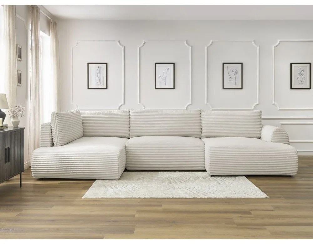 Кремав сгъваем/с място за съхранение ъглов диван от рипсено кадифе (ляв ъгъл/U форма) Lucien – Bobochic Paris