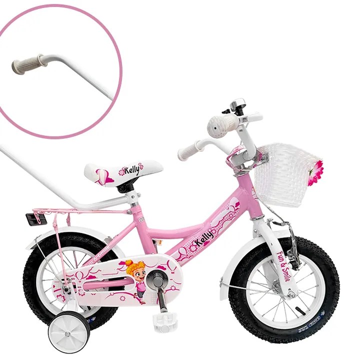 Детски велосипед с помощни колела, водеща щанга, кошница и звънец 16 – за деца на възраст от 4 до 6 години