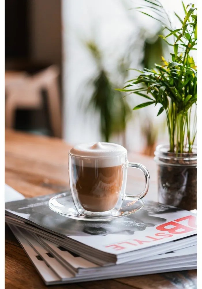 Комплект от 2 стъклени чаши с двойна стена и чинийка, 250 ml Amo - Vialli Design