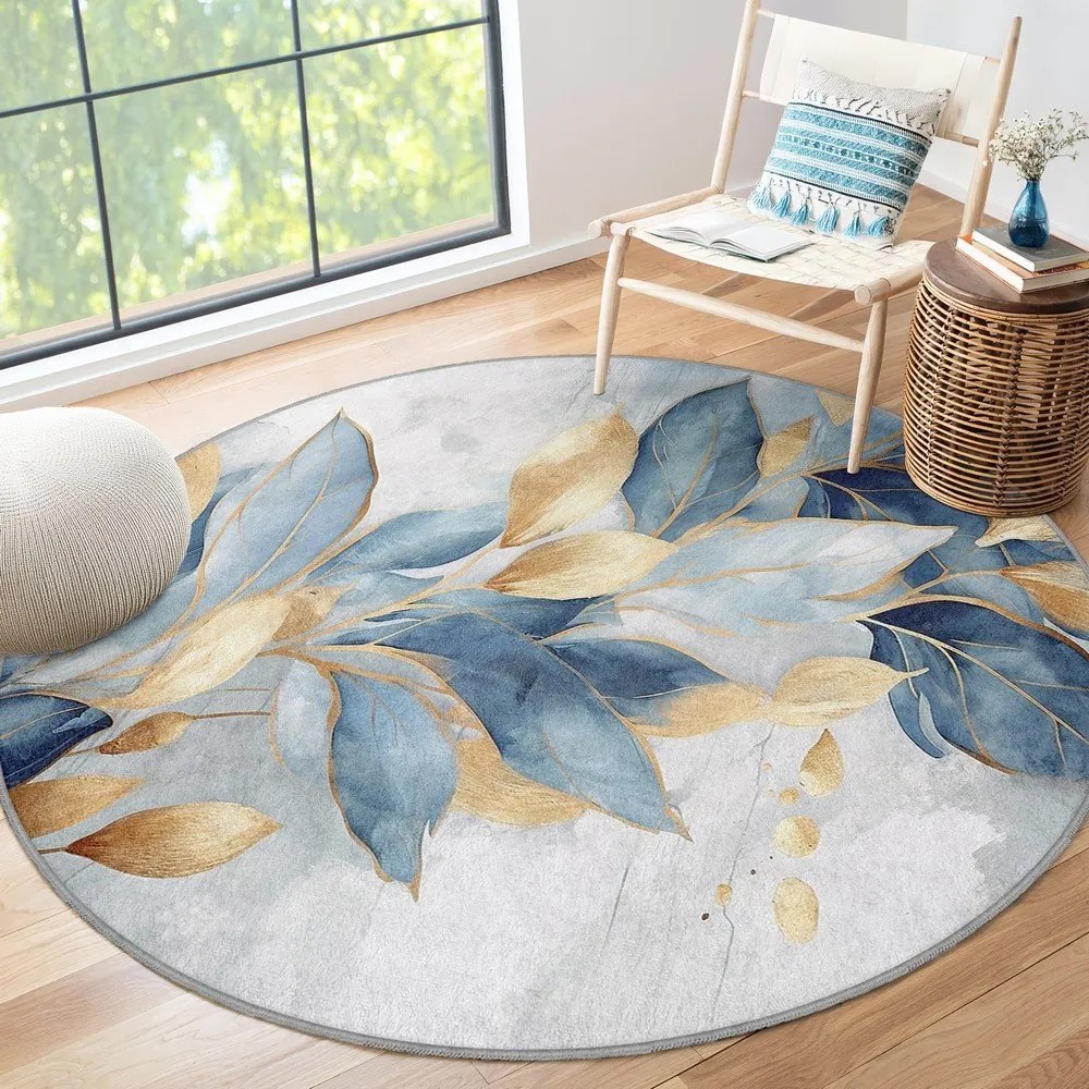 Синьо-златист кръгъл килим подходящ за пране ø 100 cm Golden Leaves – Mila Home