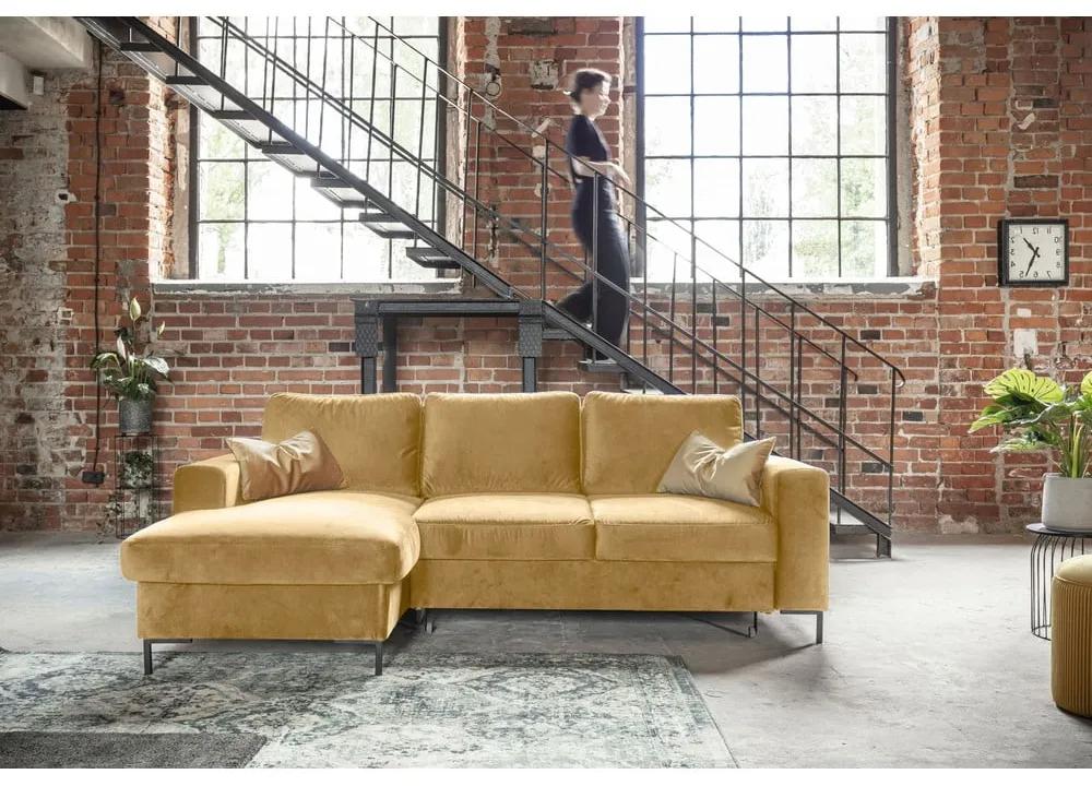 Ъглов разтегателен диван от кадифе в горчично жълто, ляв ъгъл Lofty Lilly - Miuform