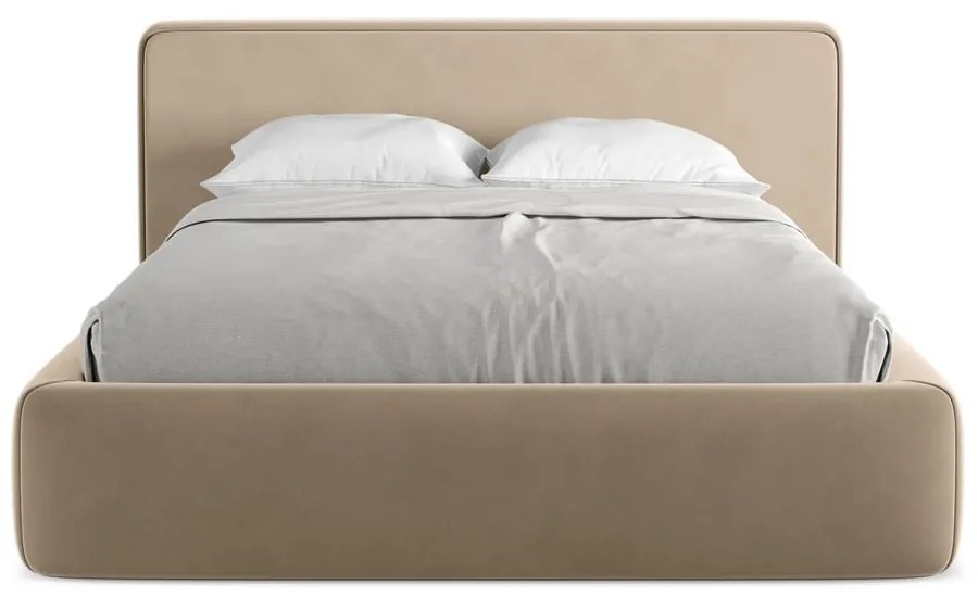 Светлокафяво двойно тапицирано легло с място за съхранение и включена подматрачна рамка 140x200 cm Kiana – Makamii