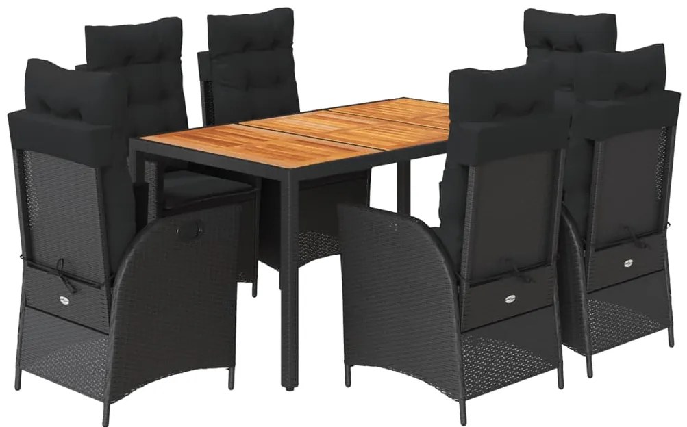 3213098 vidaXL Градински трапезен комплект 7 части възглавници черен полиратан