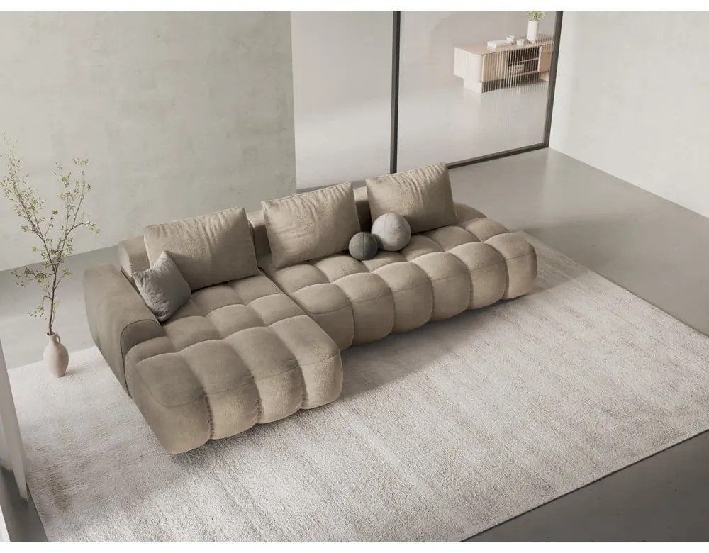 Бежов кадифен сгъваем/с място за съхранение ъглов диван (ляв ъгъл) Linz – Cosmopolitan Design