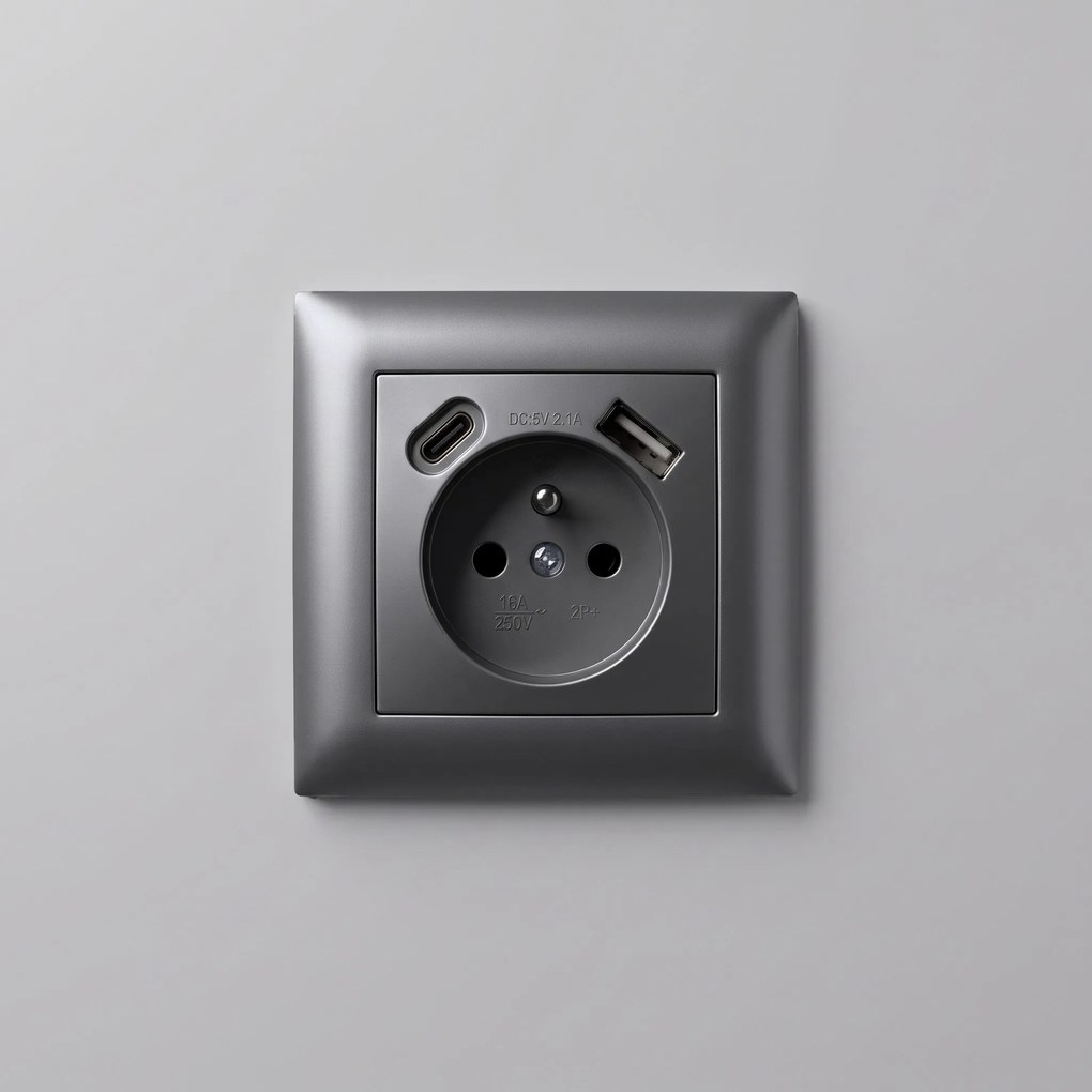 Единичен контакт със заземяване + USB-A USB-C OSTE JNH004-G Grey