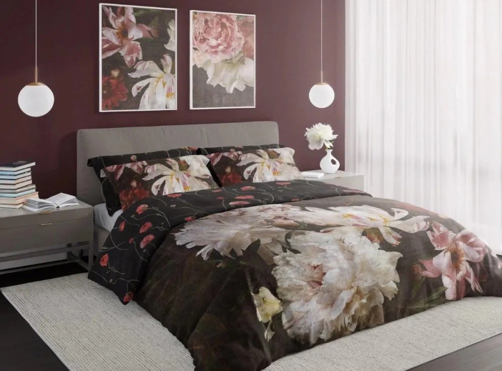 Чаршафи с памучен сатен - божур на тъмен фон 3 časti: 1ks 220x200 + 2ks 70x80