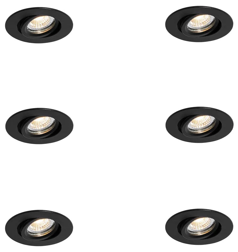 Set van 6 inbouwspots zwart kantelbaar 6,5cm incl. LED IP54 ultra slim - Pupil