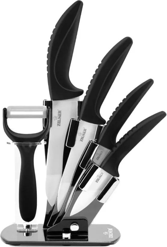 Комплект ножове с поставка ZILNER ZL 5124, 6 части, Белачка, Керамично покритие, Черен