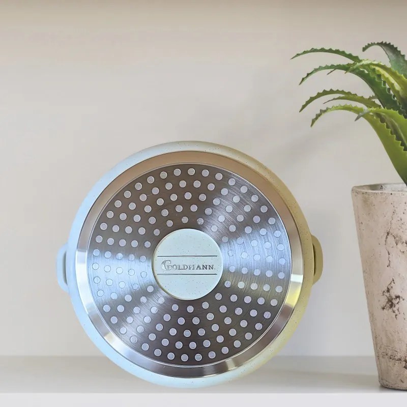 Тенджера Goldmann GM-0328B, 6.5 л, 28 см, Мраморно покритие, Стъклен капак с отвор за пара, Индукция, Бежов