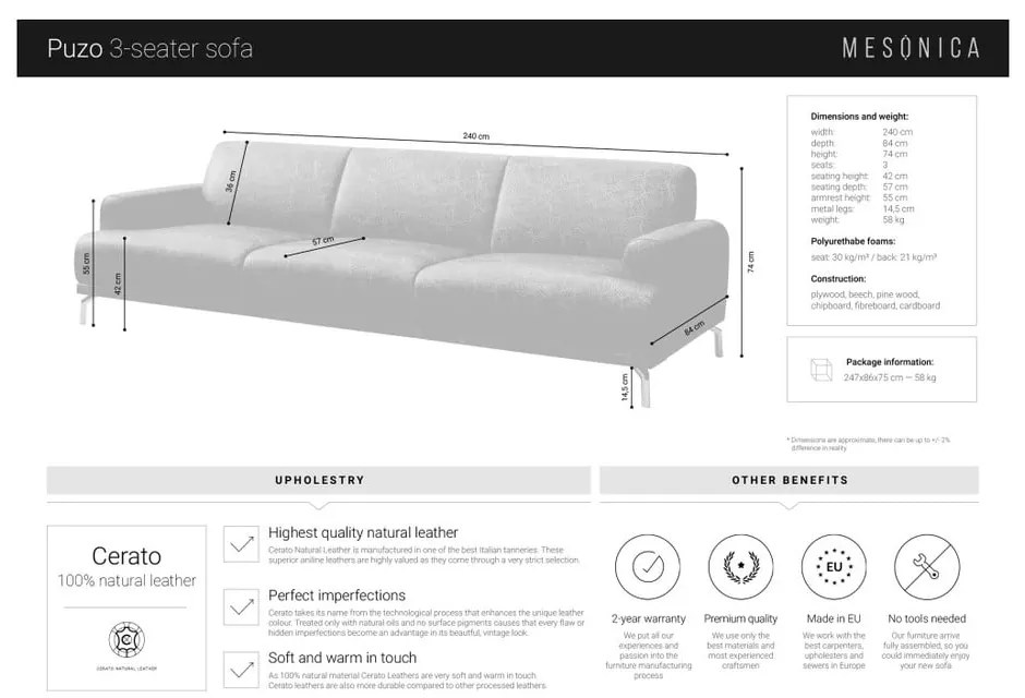 Червено-кафяв кожен диван , 240 cm Puzo - MESONICA