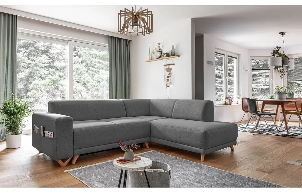 Сив разтегателен/с място за съхранение ъглов диван (десен ъгъл/L форма) Classy Sophie – Miuform