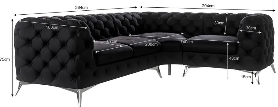Черен кадифен ъглов диван (десен ъгъл/L форма) Chelsea – Ropez