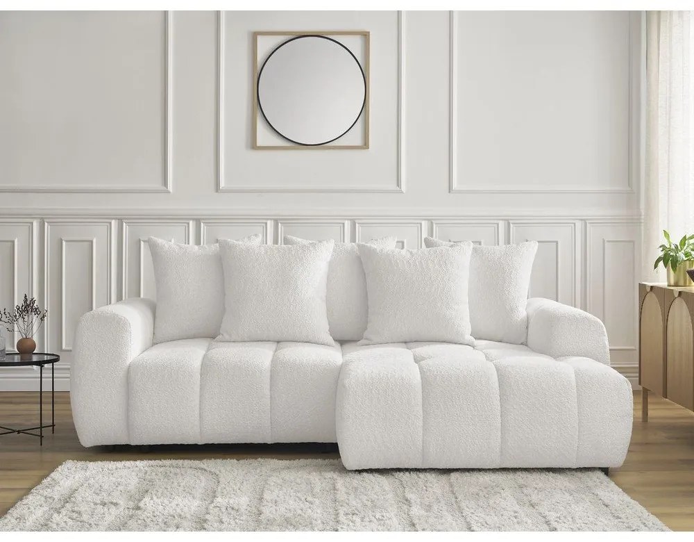 Бял сгъваем/с място за съхранение ъглов диван от прежда с примки от букле (десен ъгъл) Roxelane – Bobochic Paris