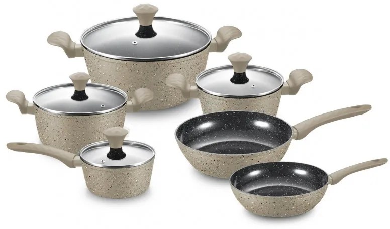 Комплект тенджери и тигани Royalty Line FD10, 10 части, Лят алуминий, Greblon мраморно покритие, Индукция, Бежов
