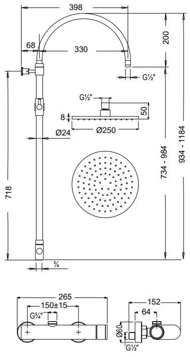 Душ батерия с глава и колона Slim Vicario I-Черен