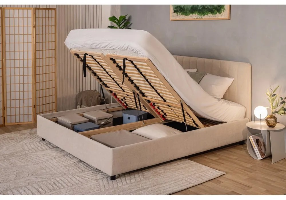 Бежово тапицирано двойно легло с място за съхранение и включена подматрачна рамка 180x200 cm Myra Slim Line – Bonami Selection