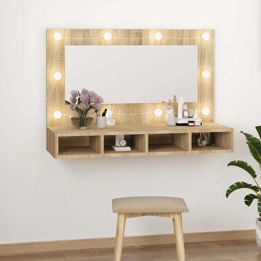 808894 vidaXL Огледален шкаф с LED, сонома дъб, 90x31,5x62 см
