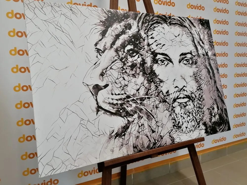 Картина на платно – Всемогъщият с лъв в черно-бял стил