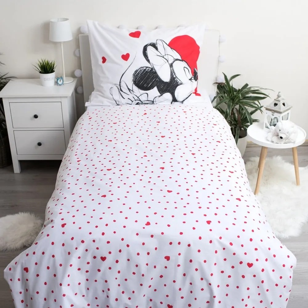 Червено-бяло единично памучно детско спално бельо 140x200 cm Mickey and Minnie "Love" – Jerry Fabrics