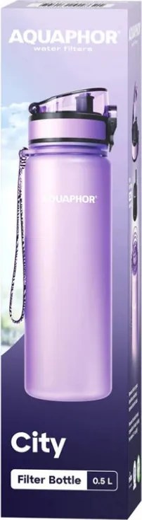 Филтрираща бутилка за вода Aquaphor City 160042, 500 мл, Тритан, Активен въглен, Aqualen, Заключващ се капак, Лавандула